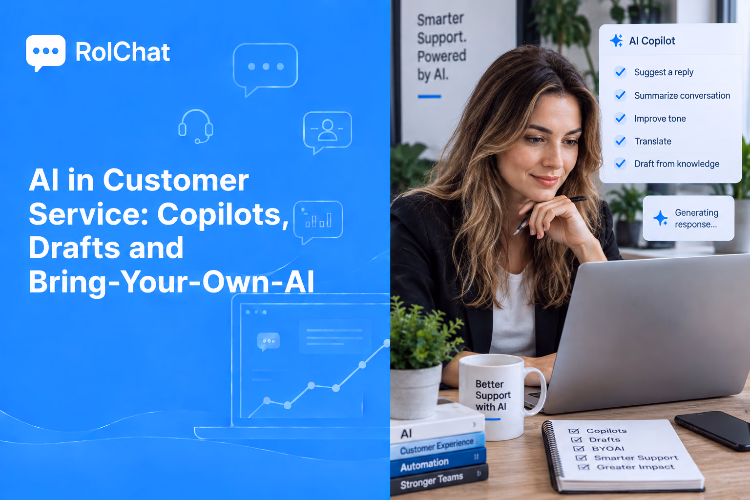 A support agent reviewing an AI-drafted reply beside a copilot panel - customer service automation software