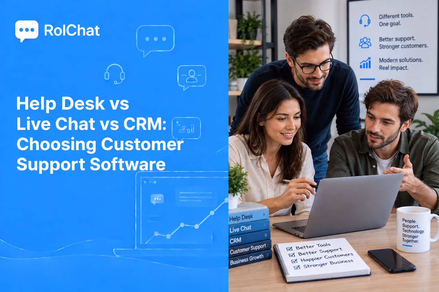 Three colleagues at a laptop weighing help desk software against live chat and CRM