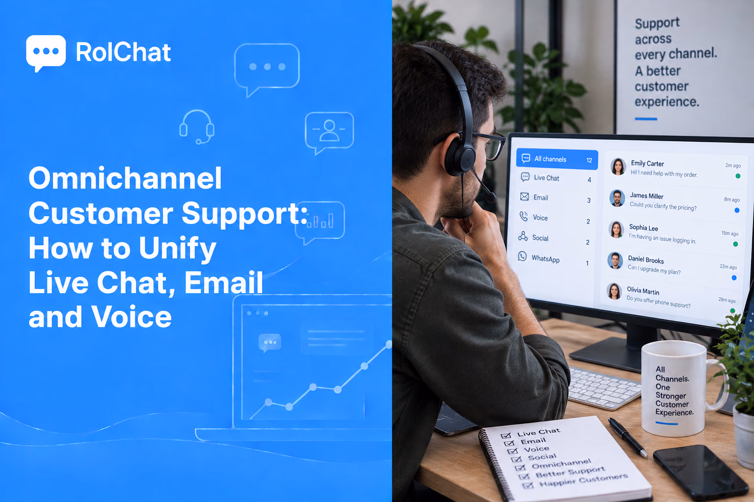 A support agent working every channel from one queue - omnichannel contact center software