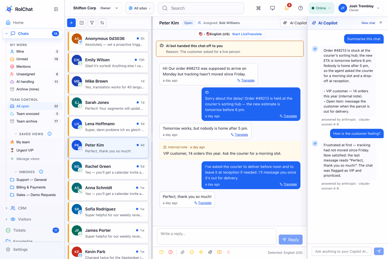 An AI copilot summarizing a customer chat and reading the customer's mood - RolChat AI customer service software