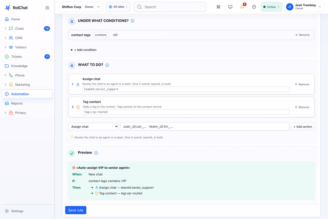 A no-code when-then rule that routes VIP customers, with a live preview - RolChat customer service automation