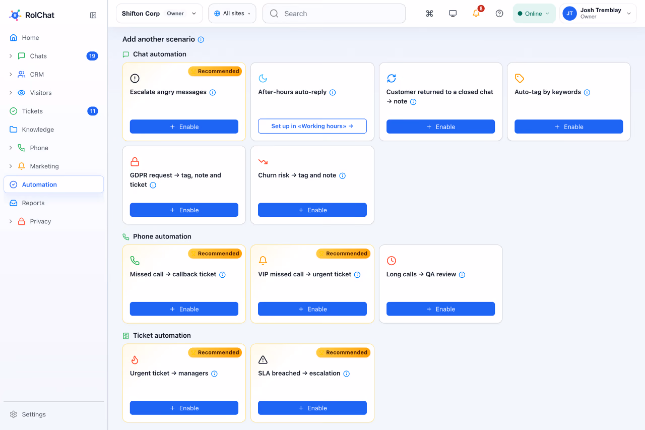 A library of ready-made automation scenarios for chats, tickets and the CRM - RolChat customer service automation
