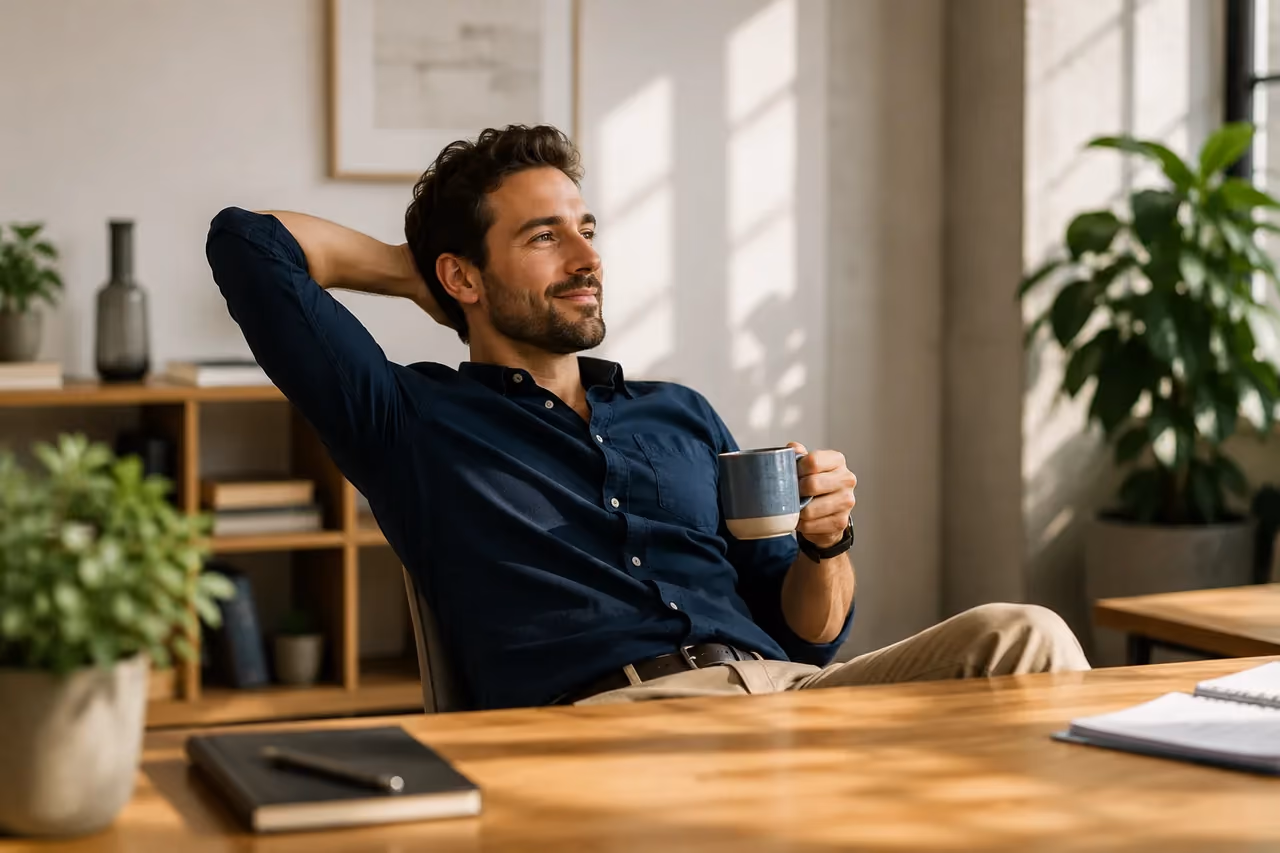 RolChat Automation A professional leaning back relaxed with a coffee, unhurried - RolChat customer service automation