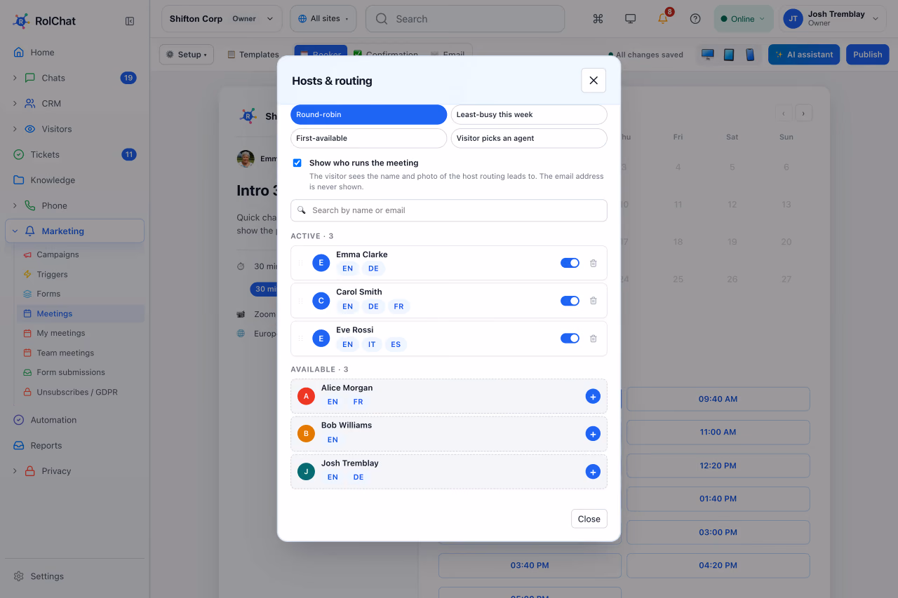 Choosing round-robin routing and hosts by language for a booking page - RolChat online booking software