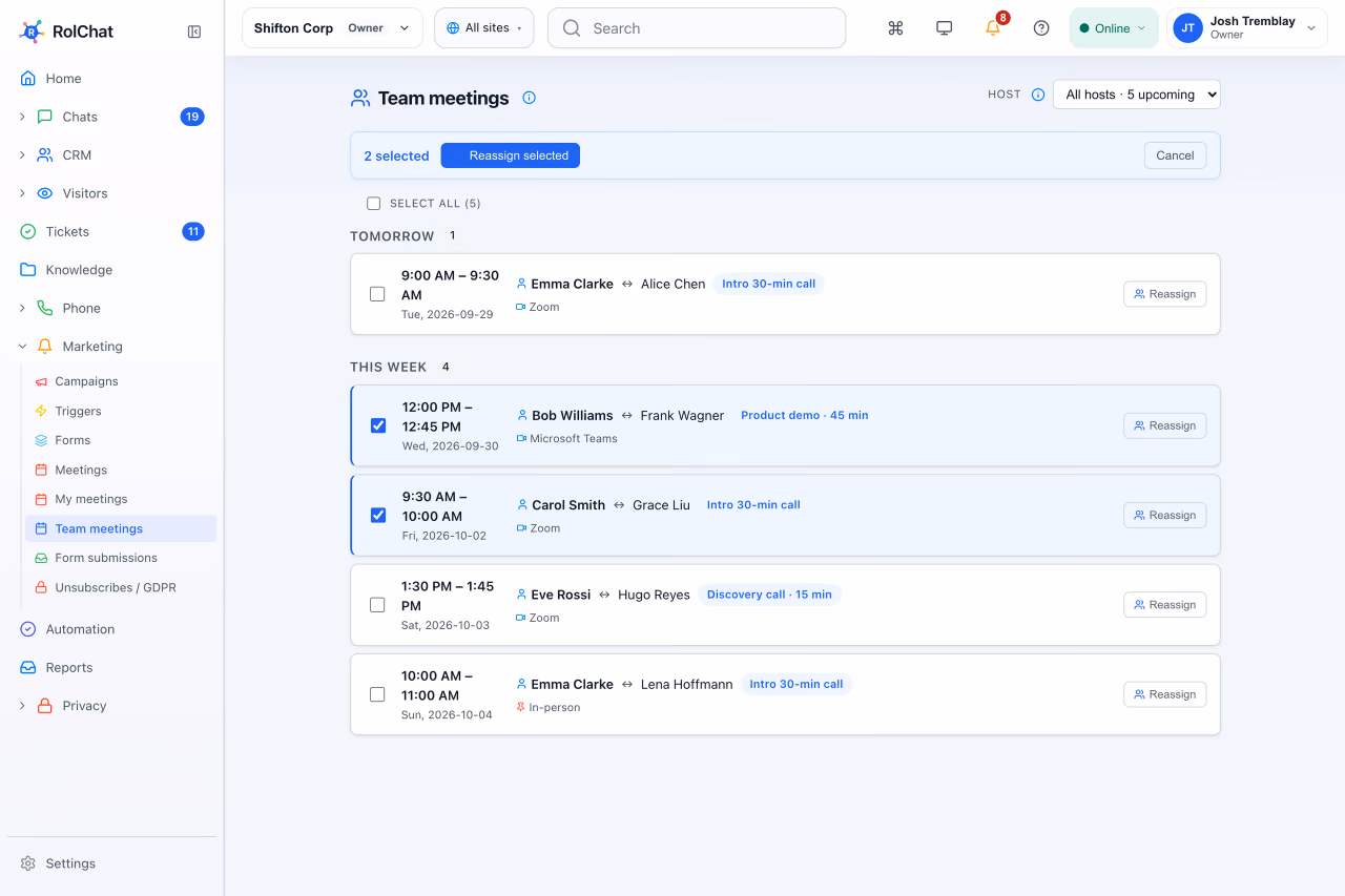 Reassigning upcoming team meetings to other hosts in bulk - RolChat online booking software