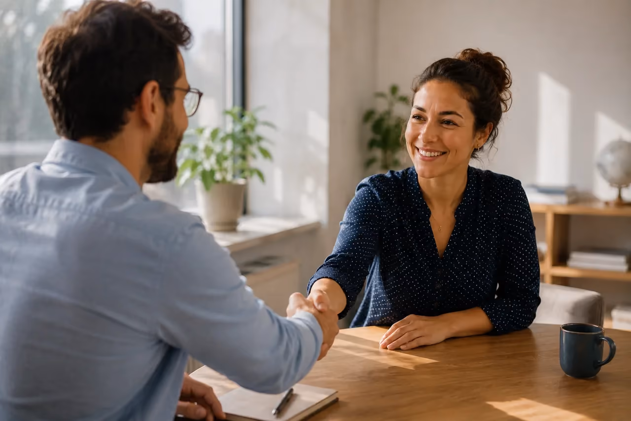 Two people shaking hands across a desk in a bright office