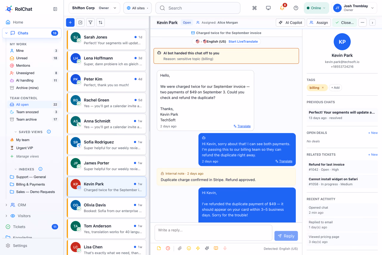 A billing email handled in the same inbox as chats, with an internal note - RolChat shared inbox