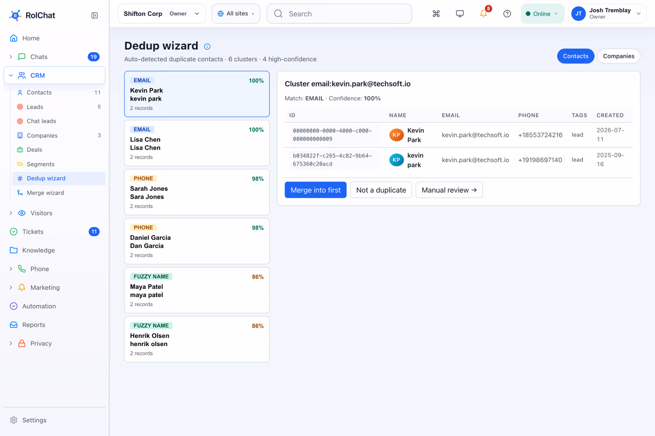 A duplicate-contact wizard matching records by email, phone and similar names - RolChat CRM software