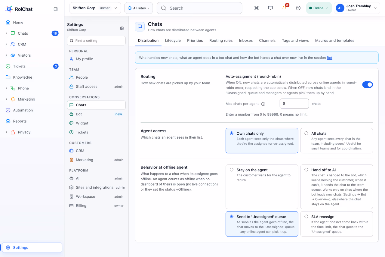Chat routing settings with round-robin auto-assignment and a per-agent chat limit - RolChat omnichannel customer support