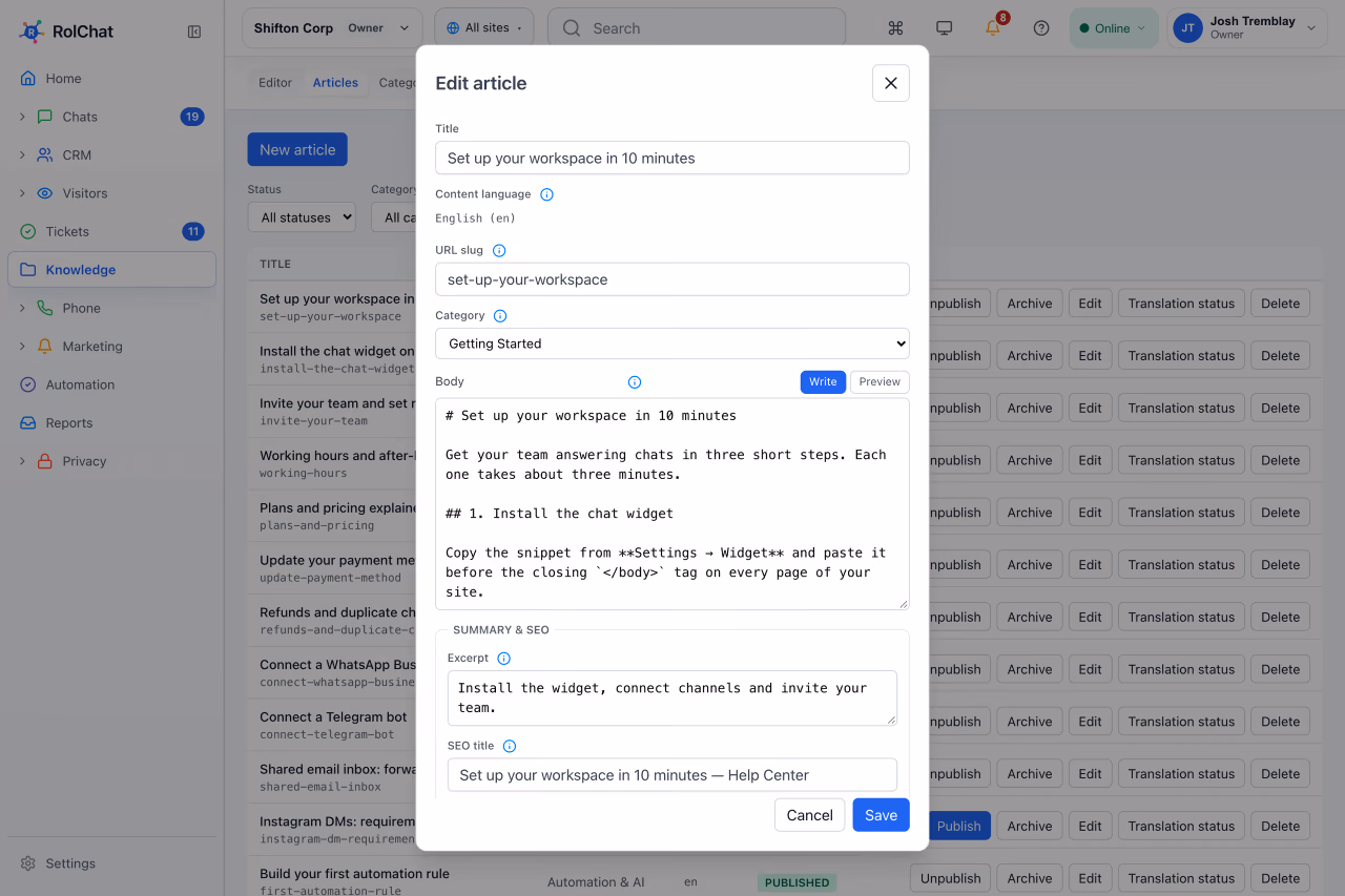 Editing a help center article in Markdown with a title, category, URL slug and SEO fields - RolChat knowledge base software