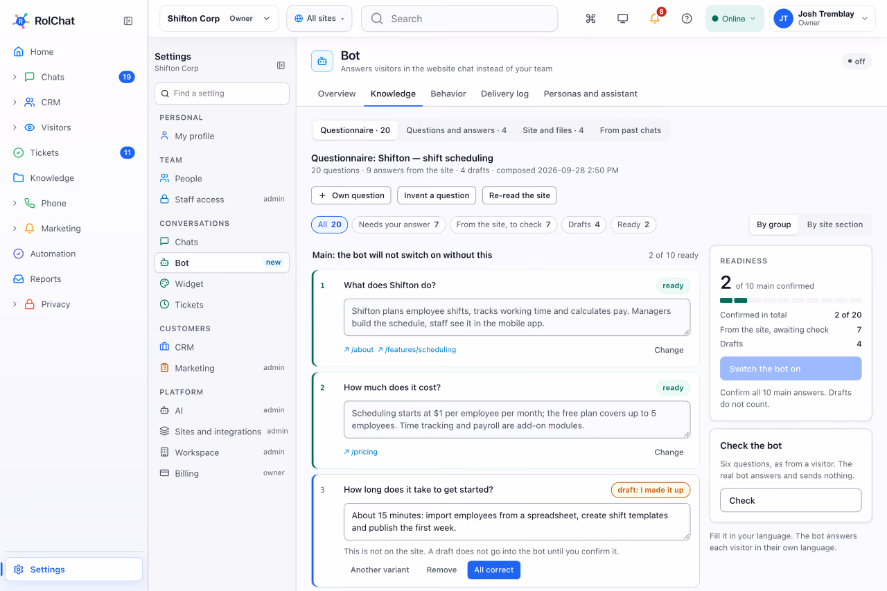 AI drafting help answers from your website and flagging missing topics - RolChat knowledge base software