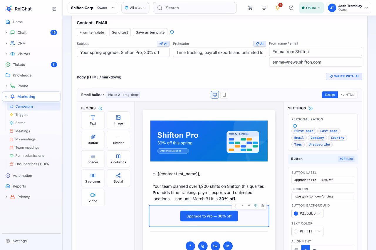Building a personalized email campaign in a drag-and-drop block editor - RolChat email marketing