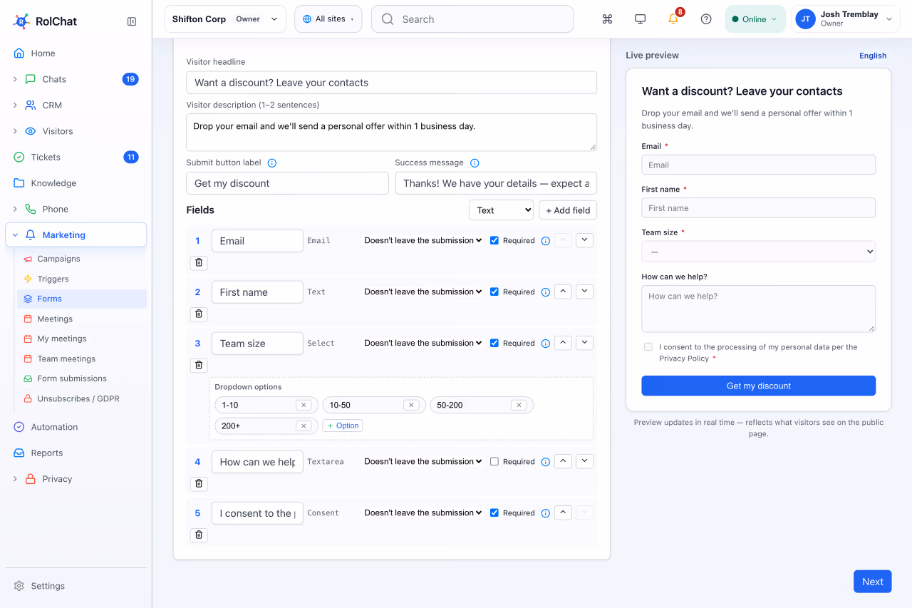 Building a lead capture form with a live preview - RolChat email marketing