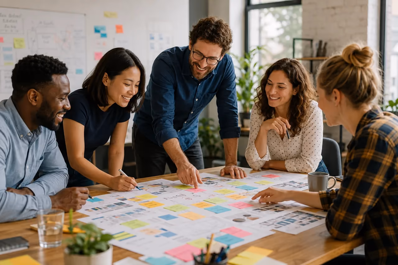 Five colleagues around a table of sticky notes
