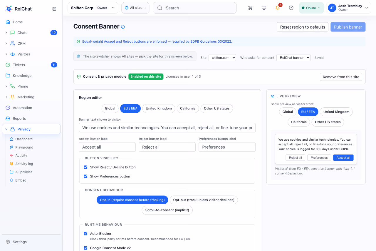Configuring a cookie consent banner by region with a live preview - RolChat GDPR and CCPA compliance