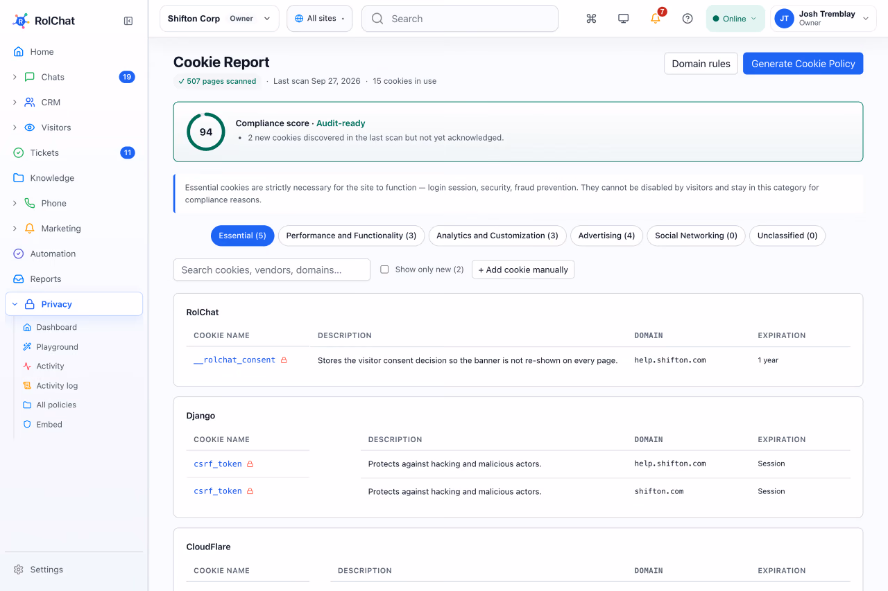 A cookie scan report listing each cookie's purpose, domain and expiry - RolChat GDPR and CCPA compliance