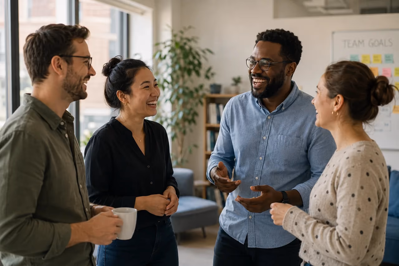 Four coworkers laughing together in a bright office