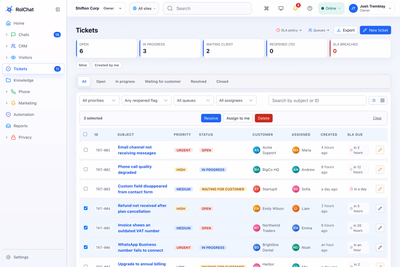A ticket queue with filters and bulk actions on selected tickets - RolChat help desk ticketing system