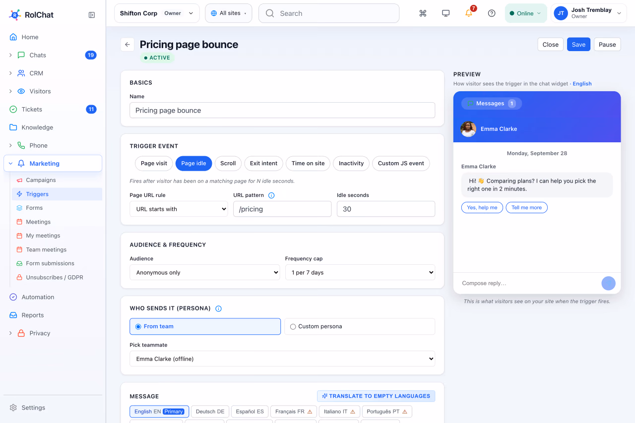 A proactive chat trigger for visitors who linger on the pricing page, with a widget preview - RolChat website visitor tracking