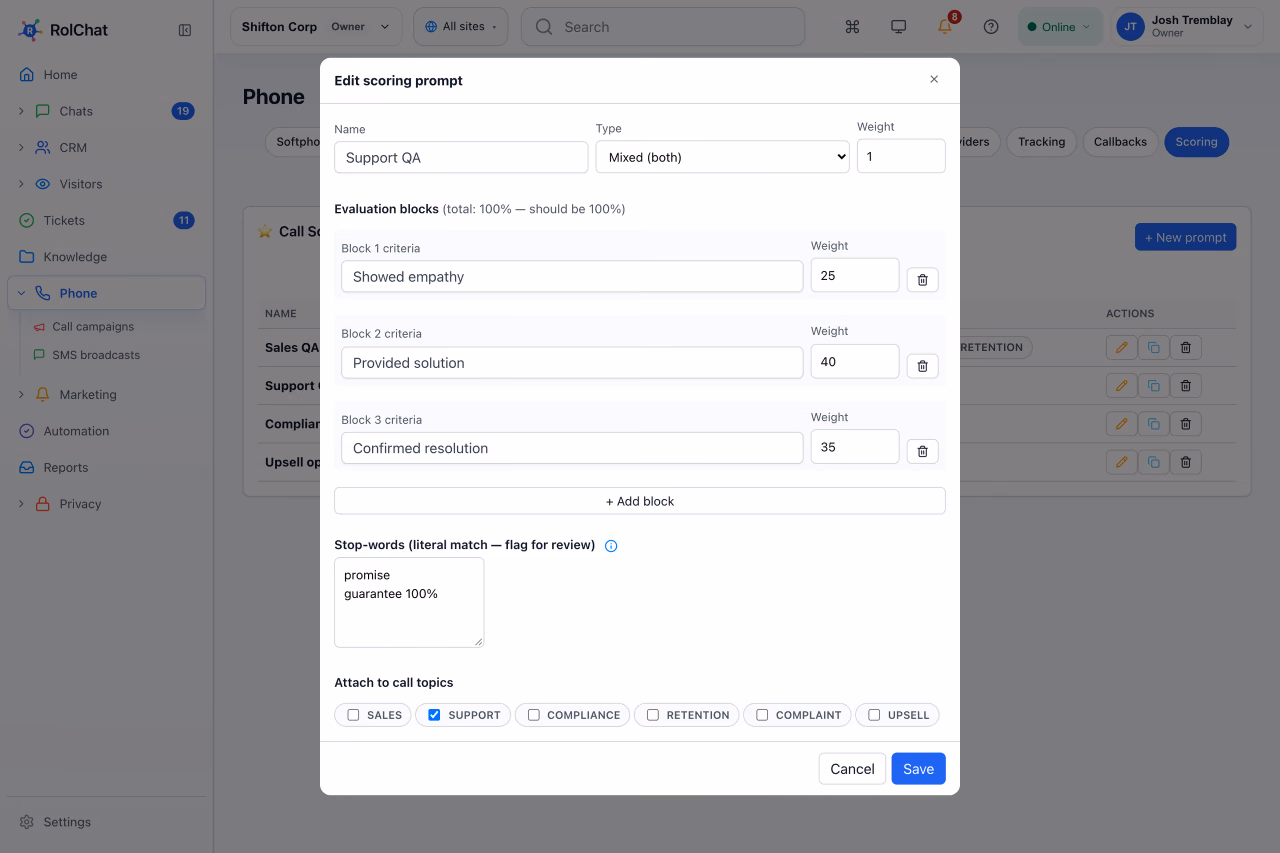A preview of AI call-scoring criteria and weights for support calls - RolChat cloud contact center