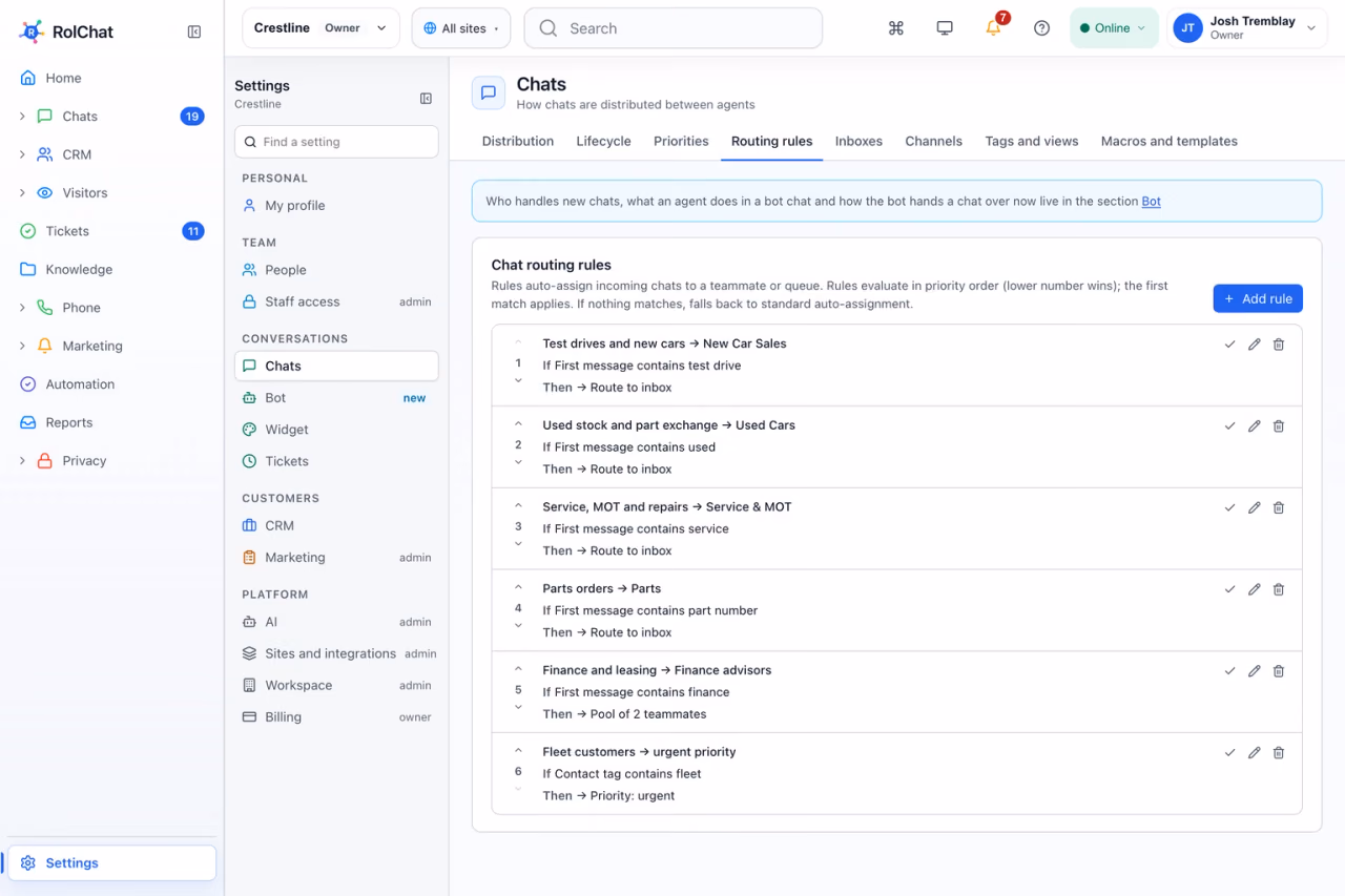 Chat routing rules that send sales, used cars, service, parts and finance enquiries to the right department - RolChat for dealerships