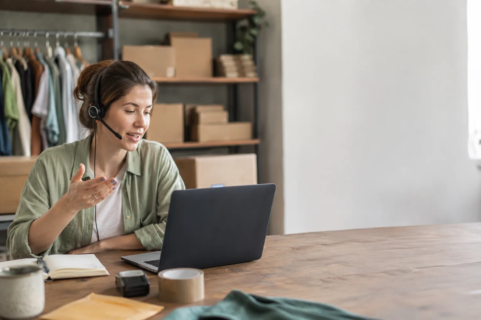 Ecommerce-ondersteuningsagent met 'n headset wat by haar lessenaar 'n kliënt se vraag oor 'n bestelling beantwoord