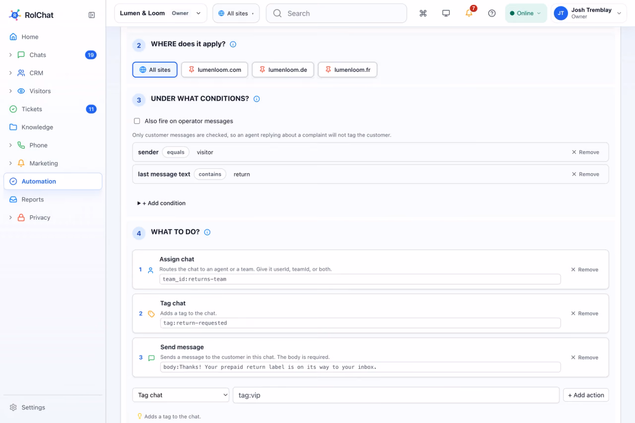 An automation rule that routes return requests to the returns team and replies with a prepaid label - RolChat ecommerce customer support