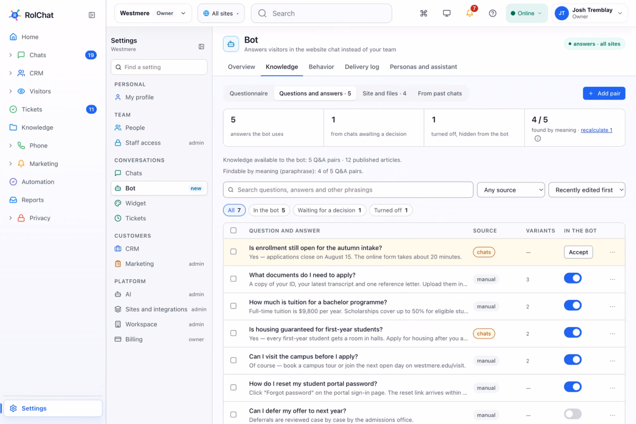 Admissions questions and answers the chatbot uses, with one pair learned from past chats awaiting approval - RolChat education support