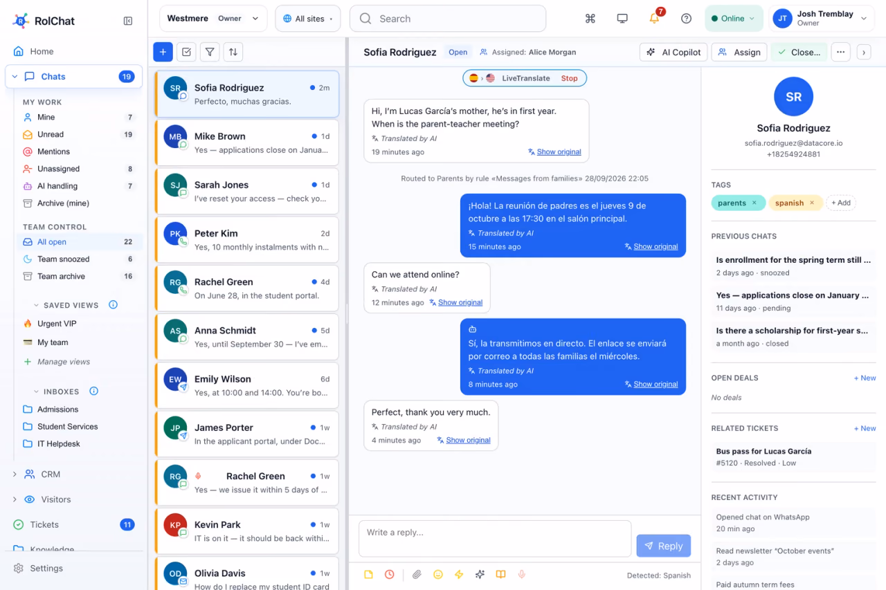 A parent's Spanish message translated in real time with the family's profile beside it - RolChat education and EdTech support