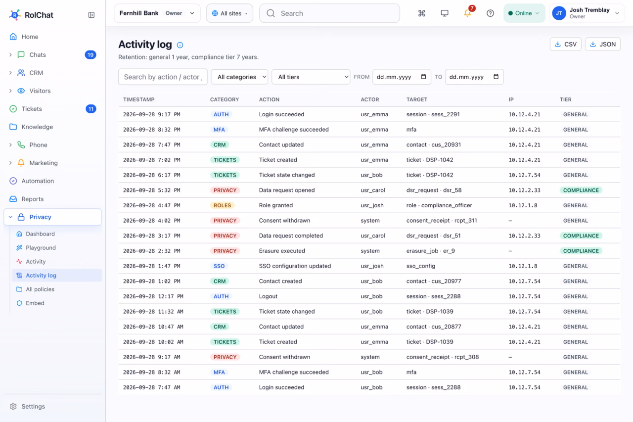 An audit log of staff actions with actors, targets, IP addresses and compliance retention - RolChat financial services support