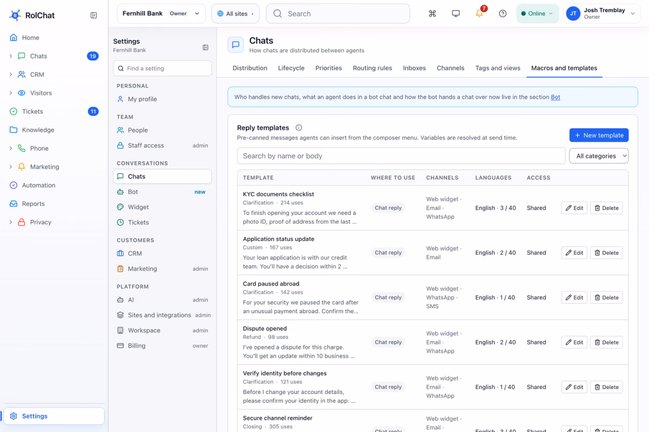 Approved reply templates for KYC, disputes and blocked cards - RolChat financial services customer support