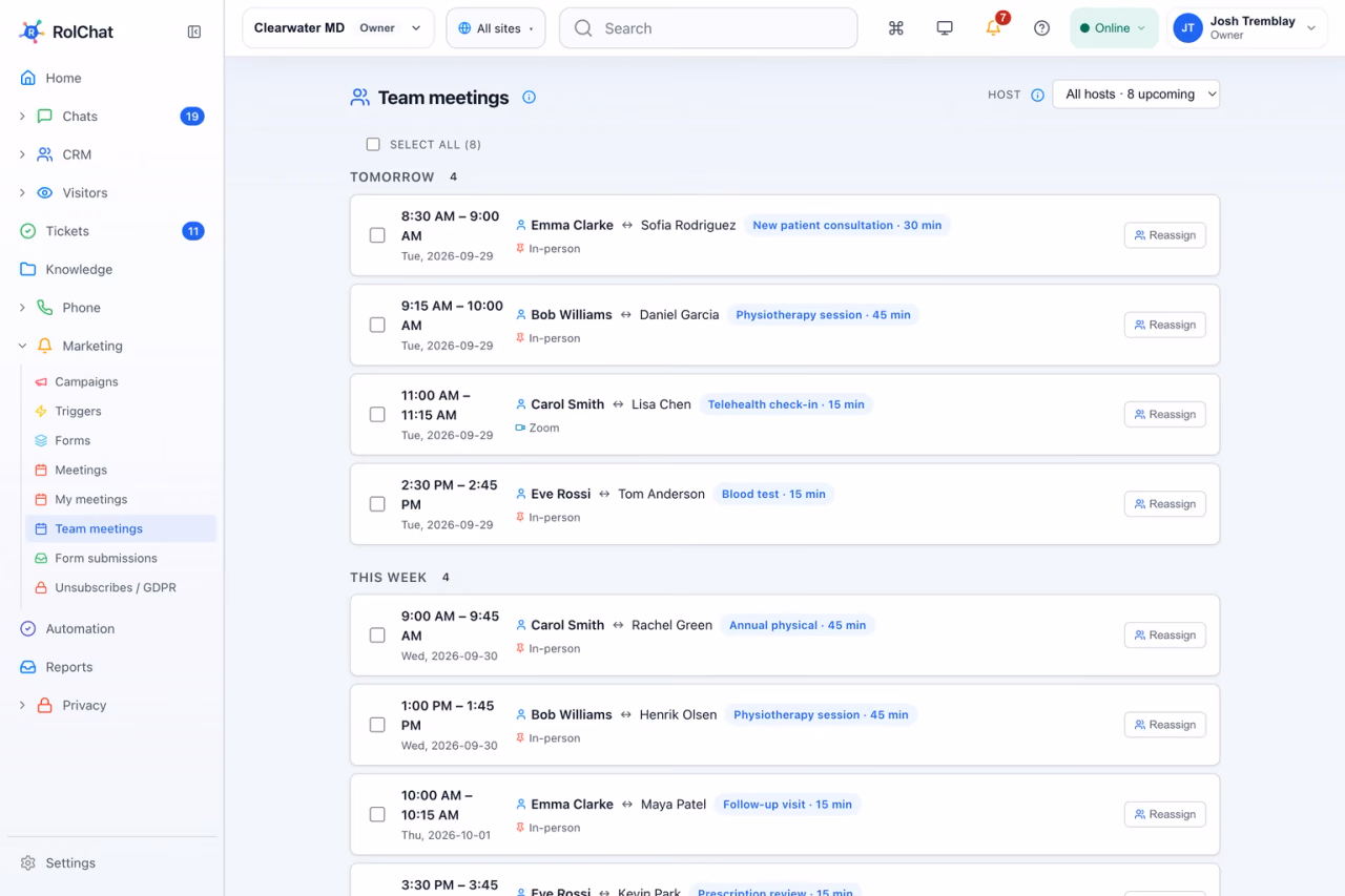 A clinic appointment schedule with consultations, check-ins and follow-ups for the week - RolChat healthcare customer communication