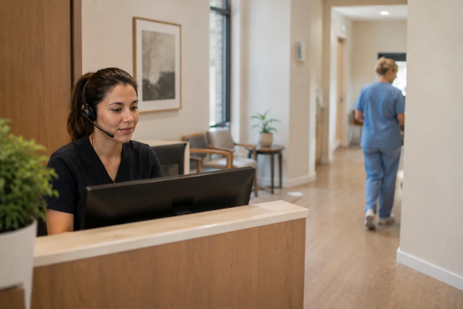 Mediese kliniek-ontvangsdame wat 'n headset dra en 'n pasiënt by die ontvangs antwoord
