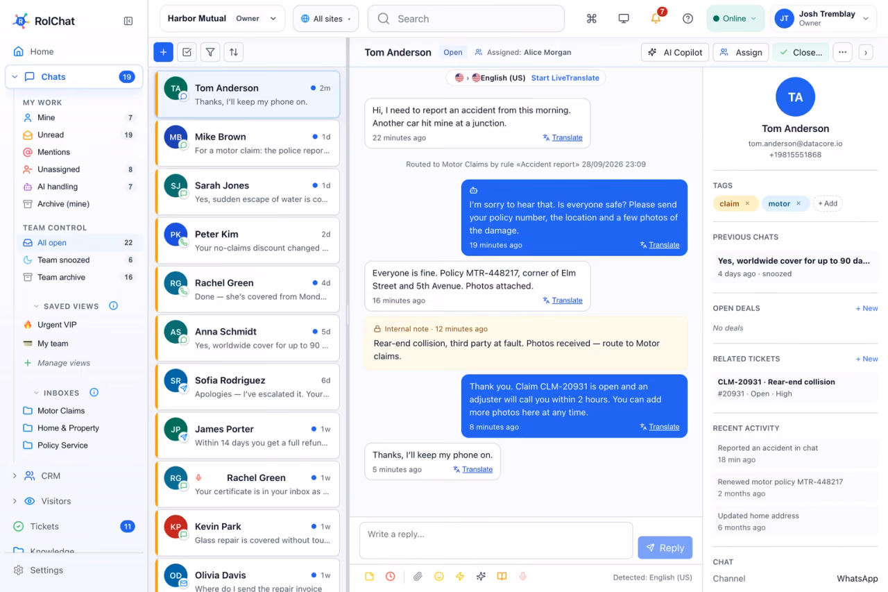 A first notice of loss chat that opens a motor claim, with the policyholder record beside it - RolChat insurance customer communication
