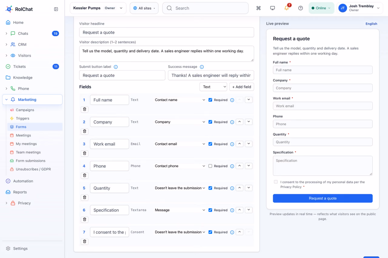 A request-for-quote form builder with fields mapped to the CRM contact and company, plus a live preview - RolChat for manufacturers
