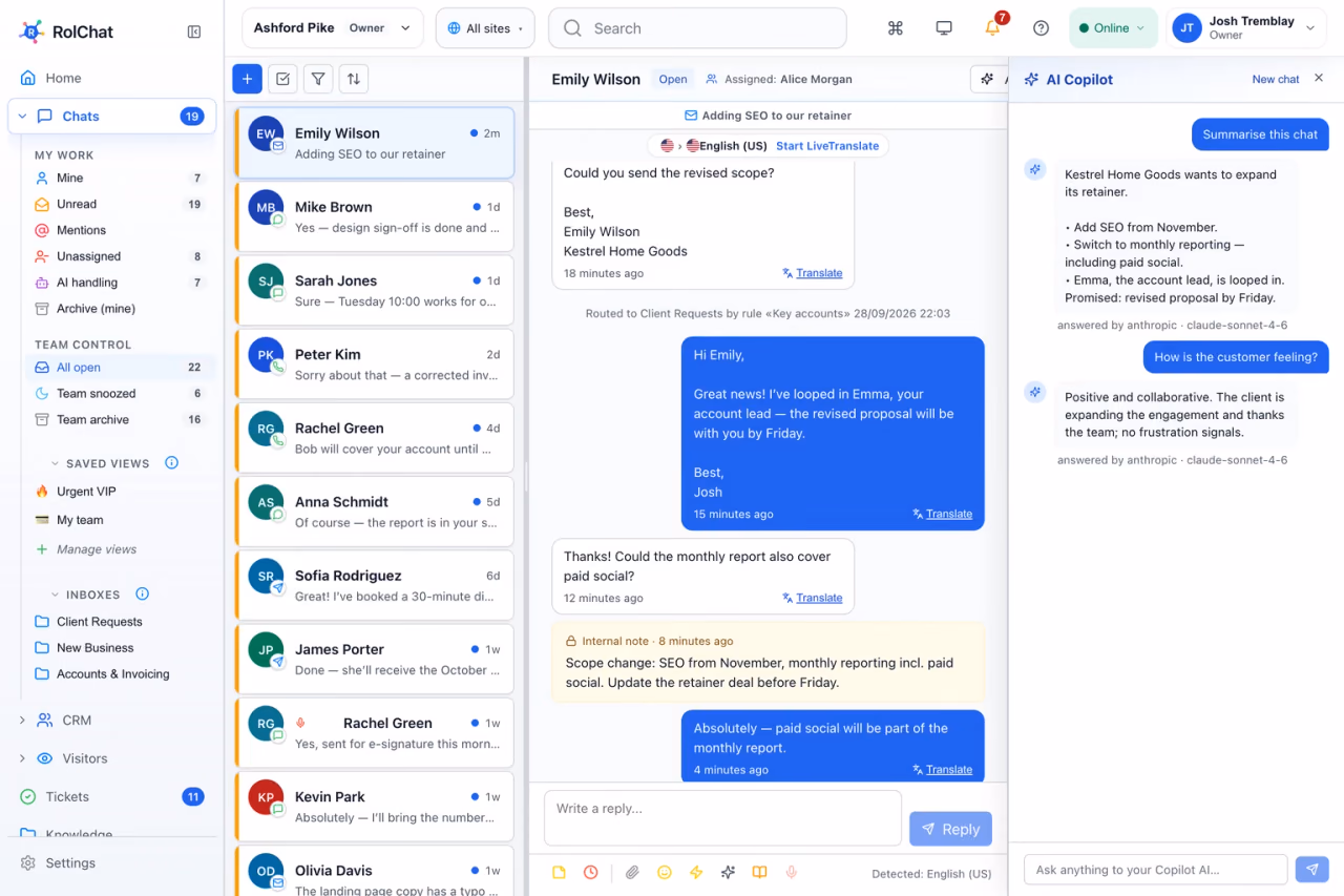 A client email thread with an AI summary of the scope change and the client mood - RolChat for agencies and consultancies