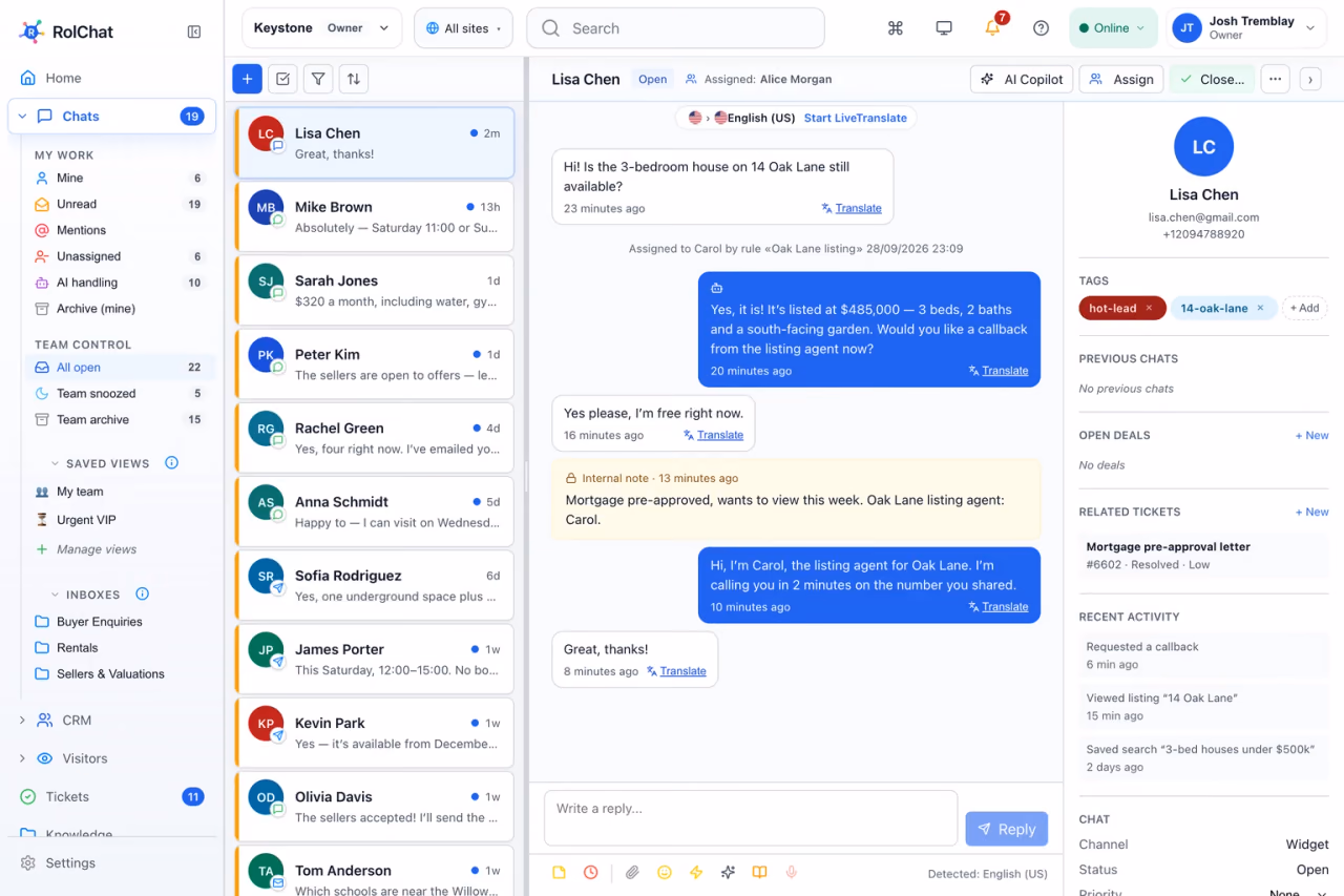A buyer enquiry about a listing, routed to the listing agent with the lead history beside it - RolChat real estate lead communication