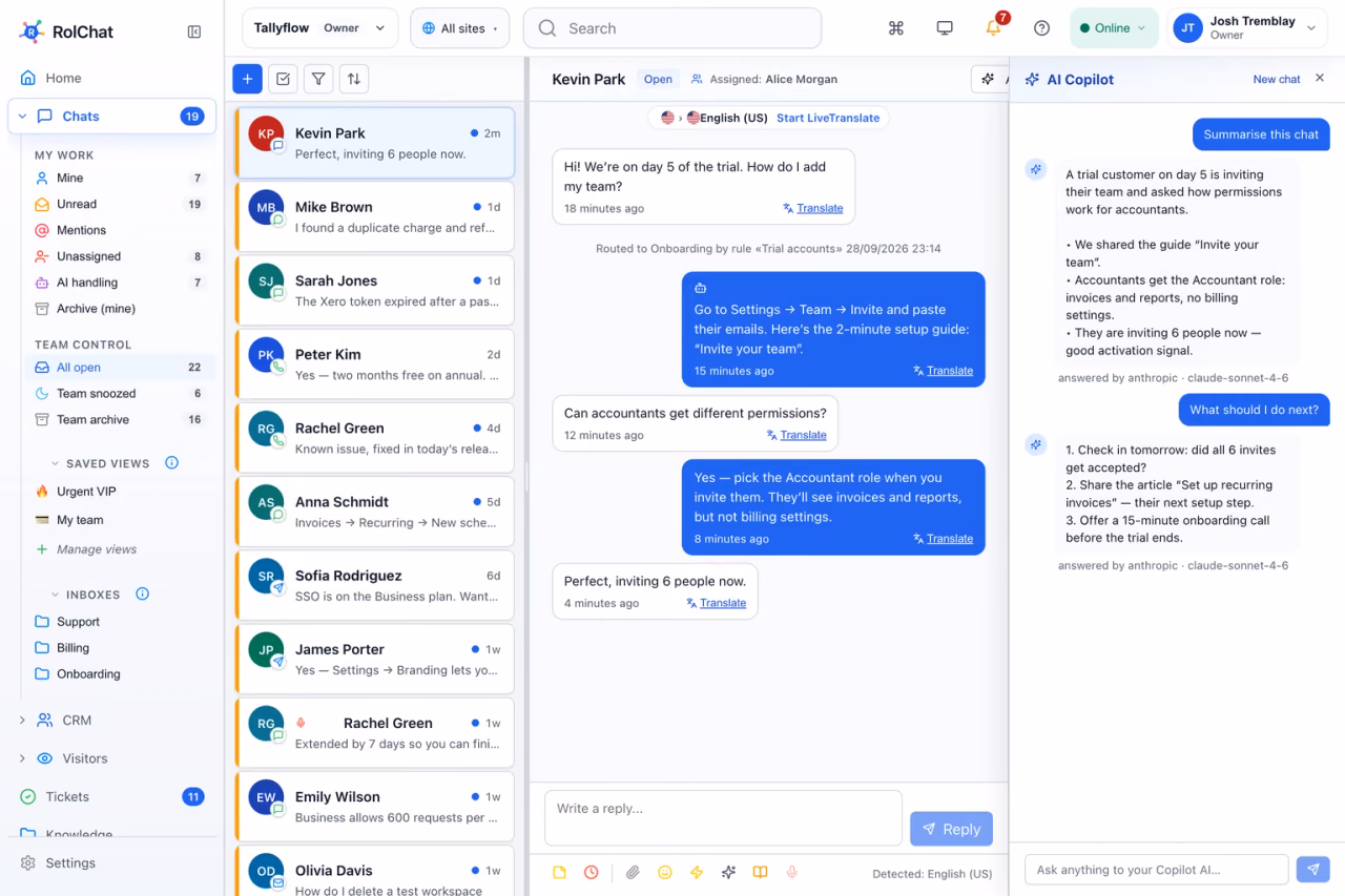 A trial user onboarding chat with an AI copilot summary and next steps to activate the account - RolChat SaaS customer support