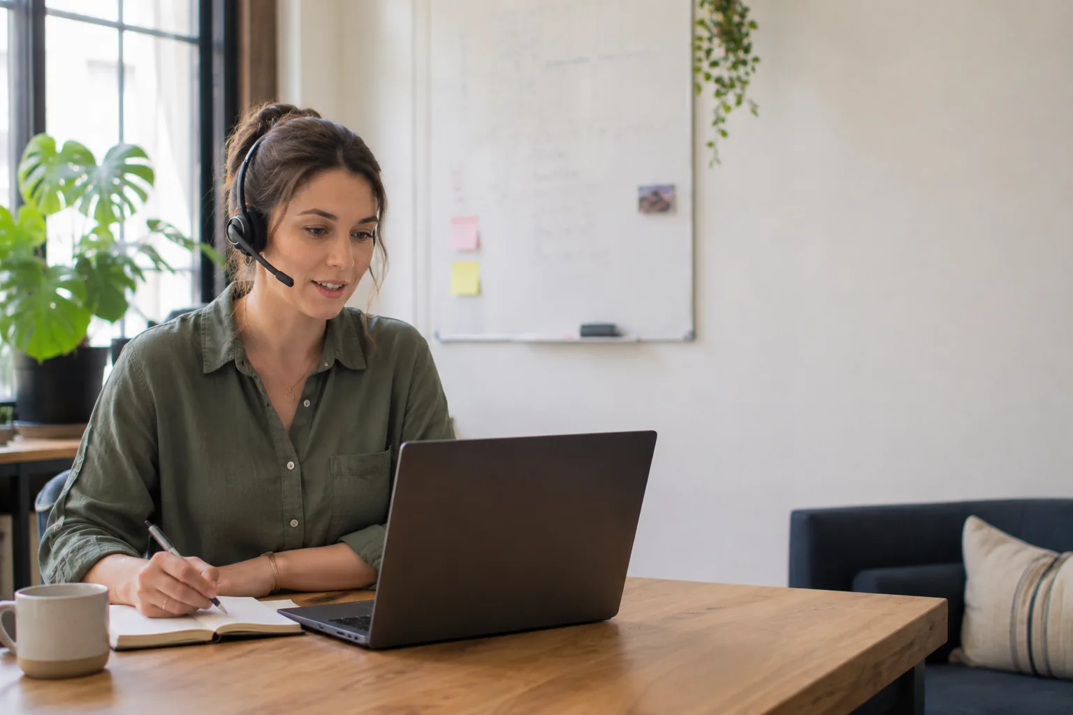 SaaS-kliëntesukses-spesialis wat 'n headset dra en 'n gebruiker van haar skootrekenaar af help