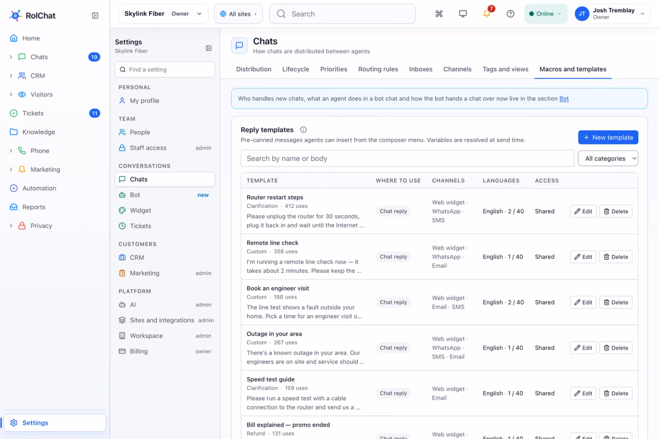 Saved replies for router resets, line checks, outages and engineer visits - RolChat telecom and ISP customer service