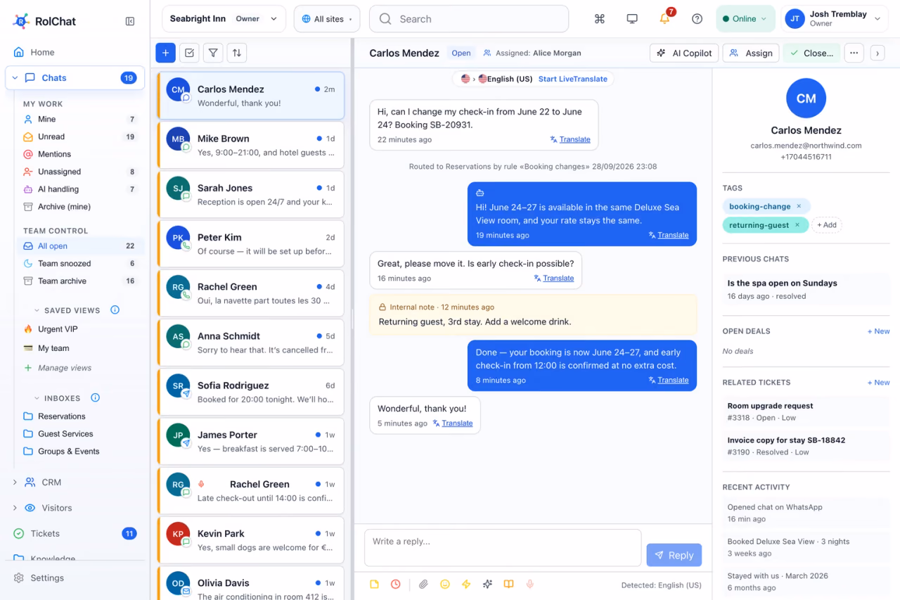 A hotel guest changing check-in dates in chat, with the guest profile and past stays beside it - RolChat travel and hospitality support