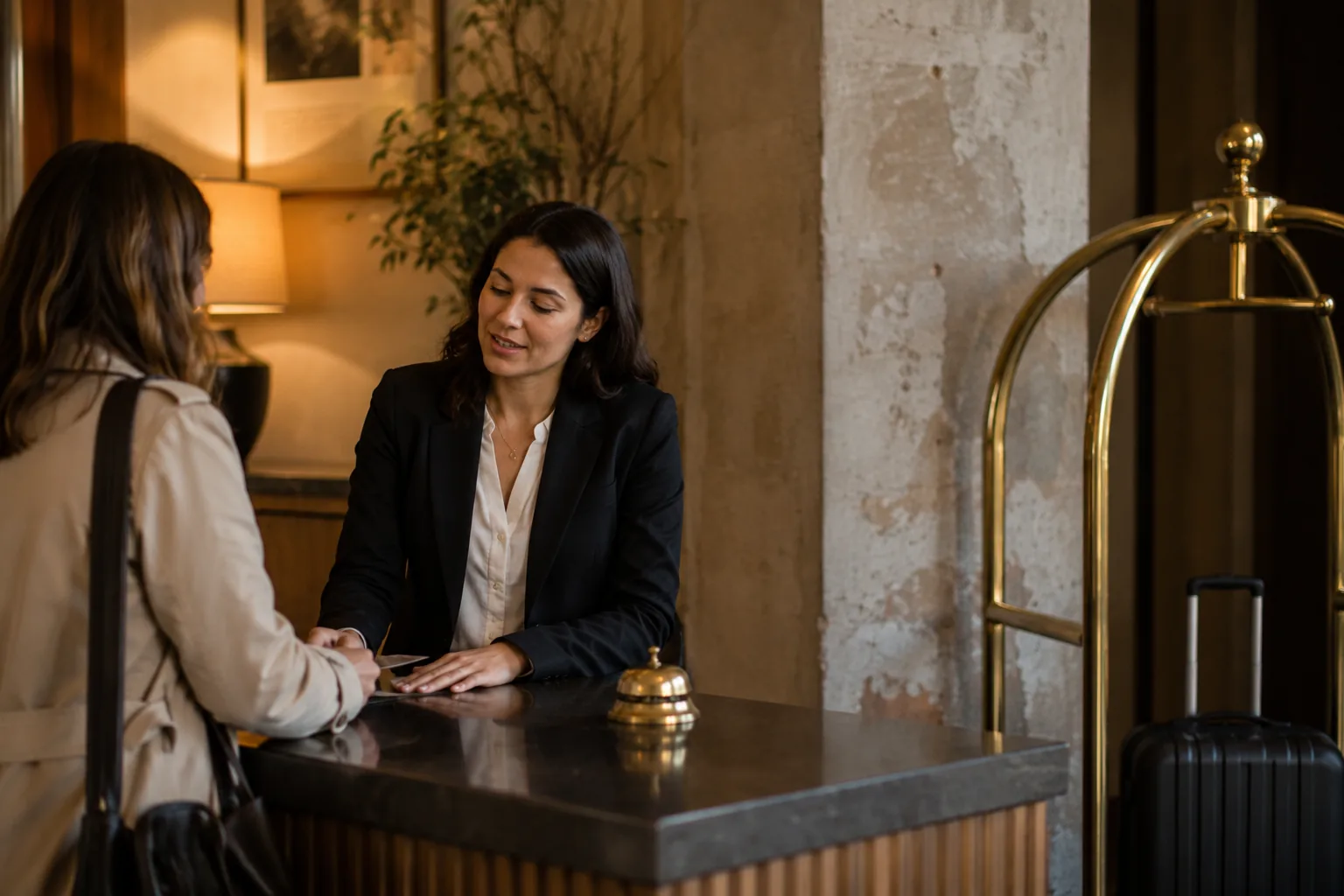 Hotelontvangs-agent wat 'n gas help by die ontvangsbalie van 'n boetiekhotel