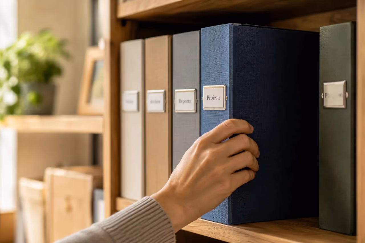 RolChat Embeddings & search A hand pulling the right labelled folder from a shelf - RolChat embeddings & search