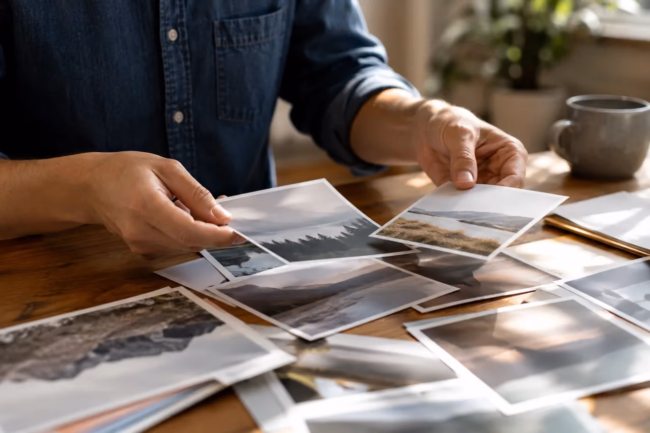 RolChat Vision Hands sorting and comparing printed photos on a desk - RolChat vision