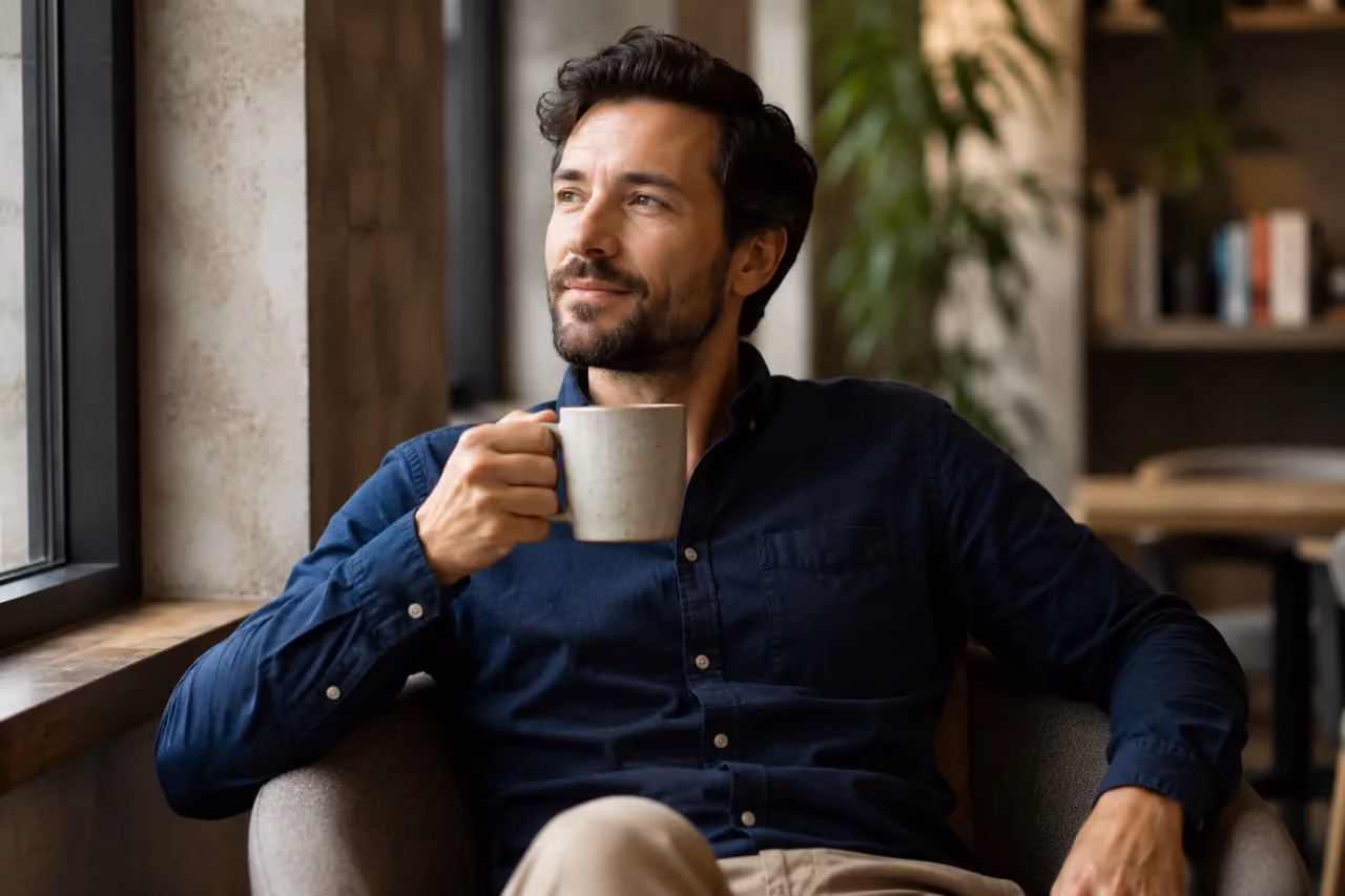 A composed professional enjoying a quiet unhurried moment - RolChat voice agent
