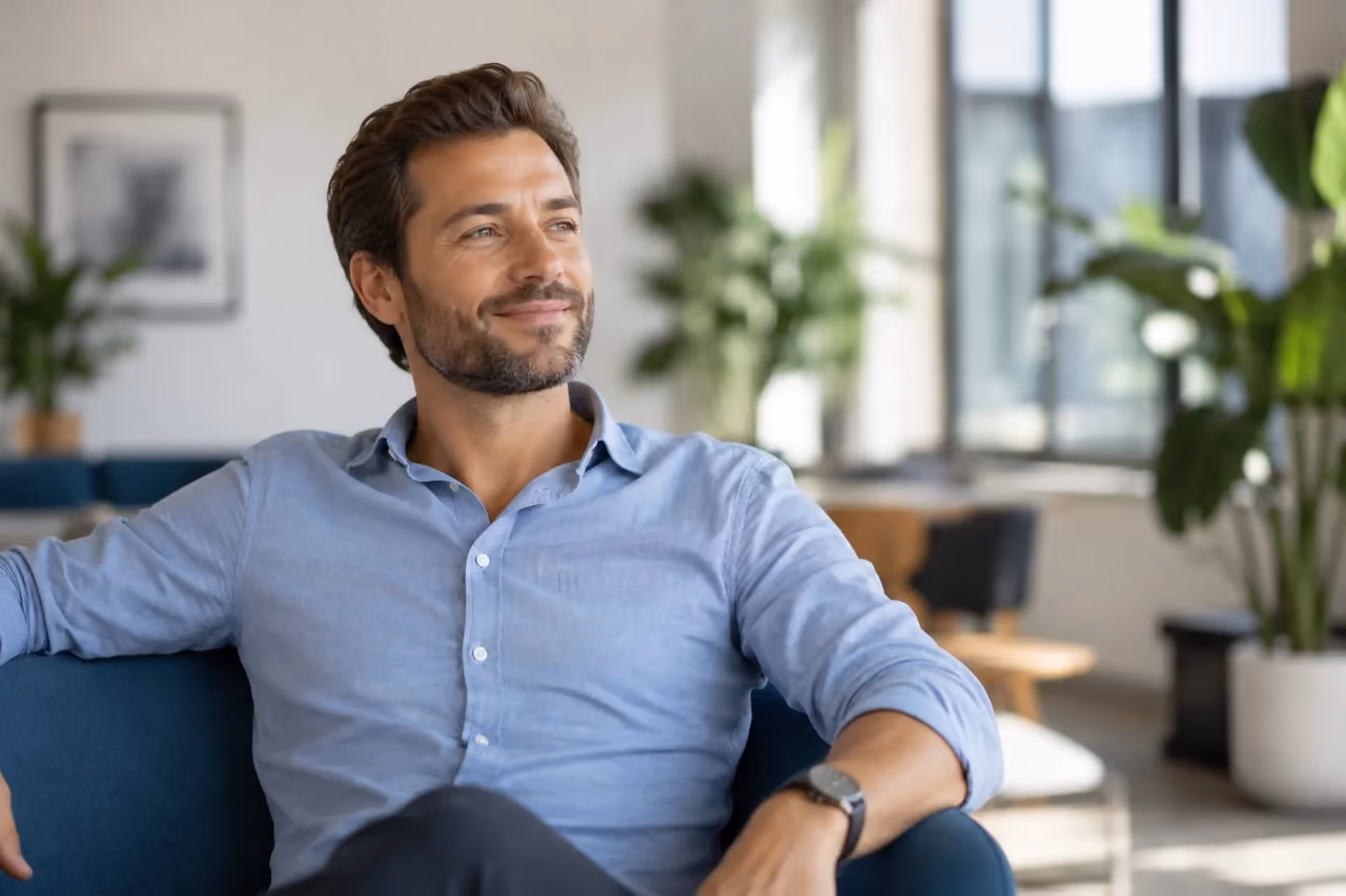 A relaxed, at-ease professional in a calm workspace - RolChat voice agent integration